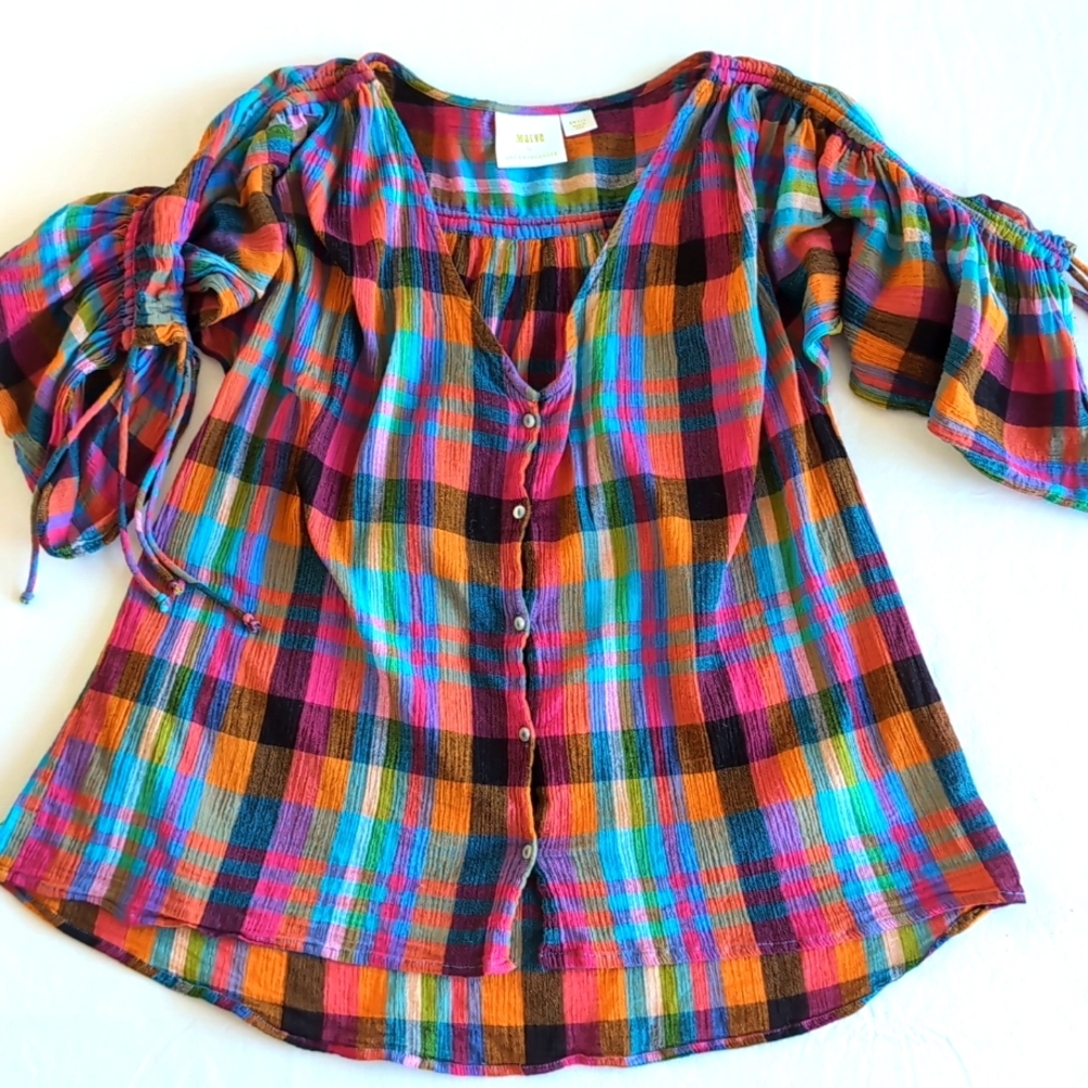 Maeve by Anthropology Colorful Plaid 100% Cotton Button Front Top Size S